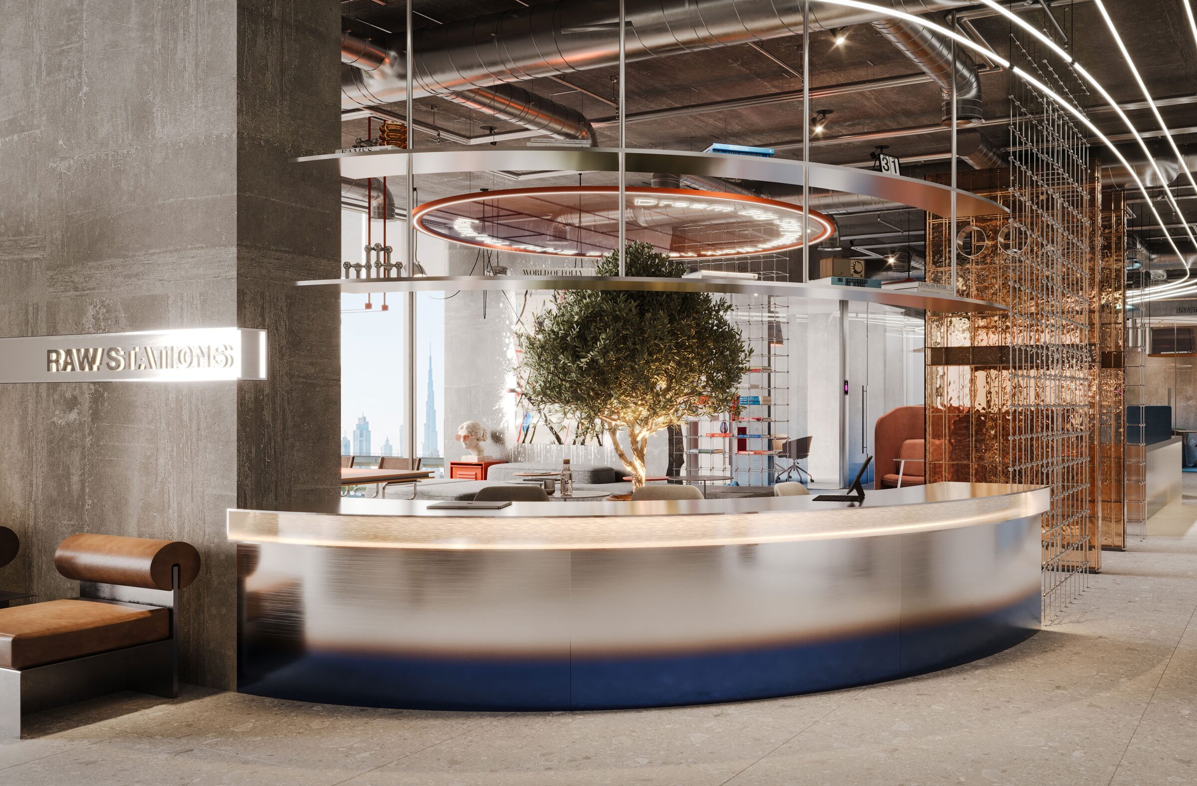 RAW Station, la reception del coworking di RAW District con desk circolare e allestimento contemporaneo